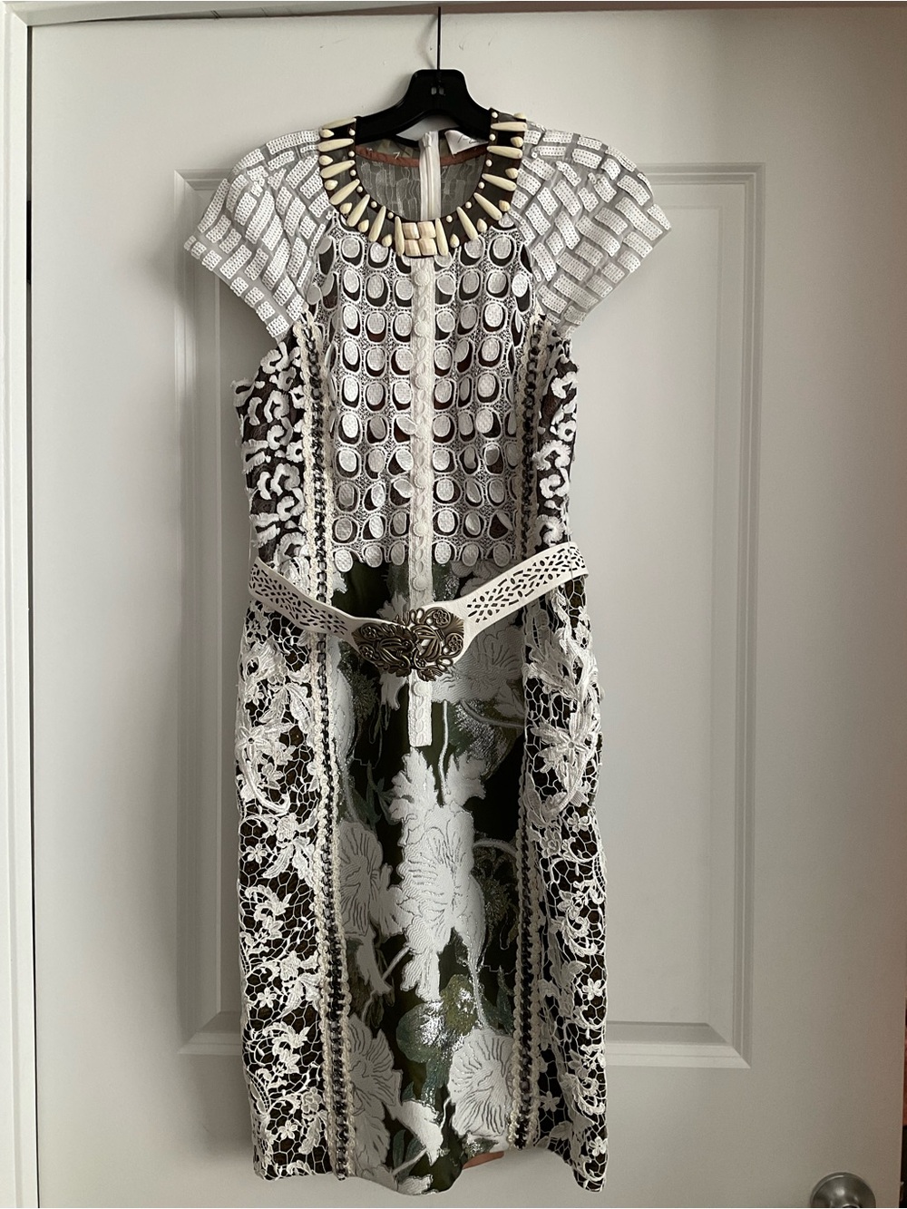 Byron Lars White Lace & Olive Floral Midi Dress